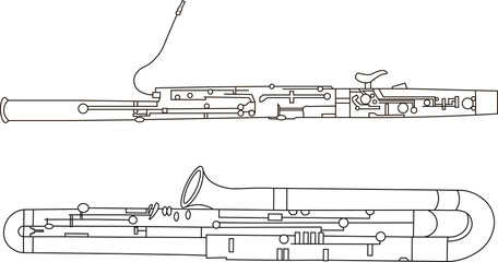 Black line drawings of outline Bassoon and Contrabassoon musical instrument contour on a white background - obrazy, fototapety, plakaty