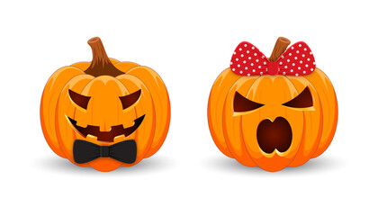 Pumpkin guy and girl on white background. The main symbol of the Happy Halloween holiday.