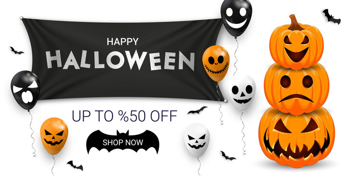 Halloween sale promotion banner with scary balloons, bats and pumpkin.