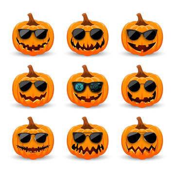 Set of Pumpkins in black sunglasses on white background. The main symbol of the holiday Happy Halloween. Hipster orange pumpkins with smile for the holiday Halloween.