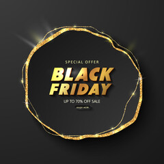 Black Friday luxury black background with Golden text and frame. Modern design.Universal vector background for poster, banners, flyers, card.