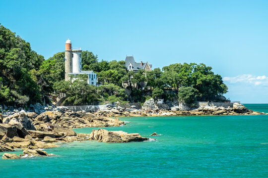 Vend&eacute;e, France, erected overhanging the Anse Rouge beach and the Plantier tower looking like a lighthouse on Noirmoutier island, August 2020.