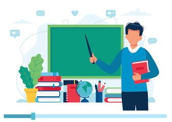Fototapeta Online learning concept. Teacher with books and chalkboard, video lesson. illustration in flat style obraz