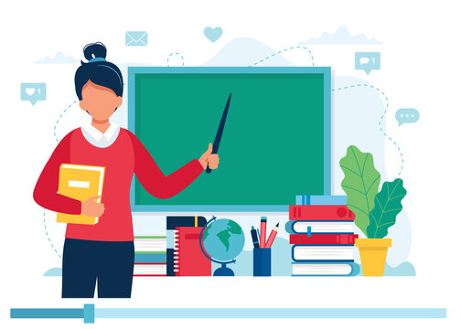 Online Learning Concept. Female Teacher With Books And Chalkboard, Video Lesson. Illustration In Flat Style