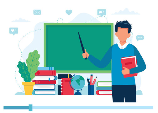 Online Learning Concept. Teacher With Books And Chalkboard, Video Lesson. Illustration In Flat Style