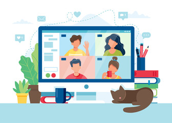Computer with group of people doing video conference. Online meeting via group call. illustration in flat style
