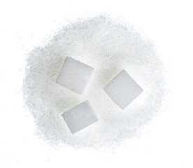 White sugar pile and cube on white background isolation, top view