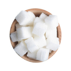 Wooden bowl with sugar cubes on white background isolation, top view