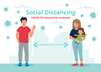 Social distancing concept with people at a distance. illustration in flat style