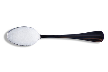 Teaspoon with sugar on white background isolation, top view