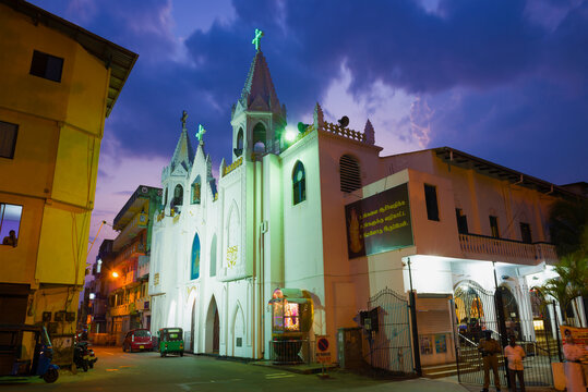 COLOMBO, SRI LANKA - FEBRUARY 23, 2020: Annai Velangani Catholic Church at evening twilight