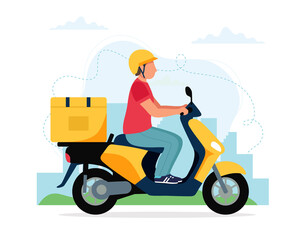 Scooter delivery service concept, male courier character riding scooter with delivery box. illustration in flat style