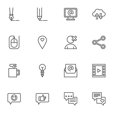 Blogging, social media line icons set, outline vector symbol collection, linear style pictogram pack. Signs, logo illustration. Set includes icons as blog content posting, copywriting, link sharing