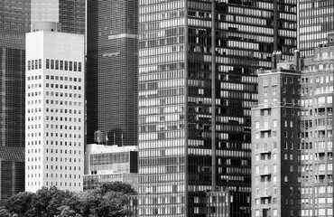Black and white picture of Manhattan East Side architecture, New York City, USA.