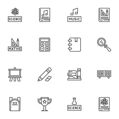 Education line icons set, outline vector symbol collection, linear style pictogram pack. Signs logo illustration. Set includes icons as science, math, calculator, geometry book, school bag, whiteboard