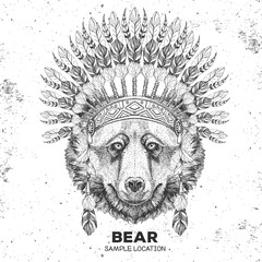 Hipster animal bear with indian feather headdress. Hand drawing Muzzle of animal bear