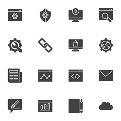Marketing and SEO vector icons set, modern solid symbol collection, digital marketing filled style pictogram pack. Signs, logo illustration. Set includes icons as website code, settings, copywriting
