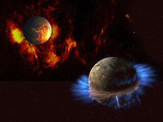 Two fantastic alien planets in deep space, red and blue. Elements of this image furnished by NASA.