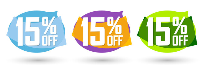 Set Sale 15% off bubble banners, discount tags design template, vector illustration