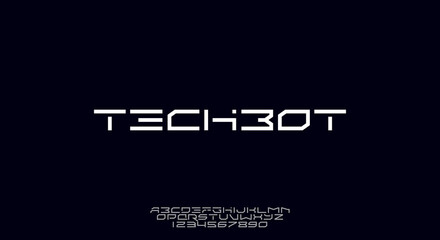 Techbot, a geometric futuristic scifi alphabet font typeface design. digital space typography vector illustration