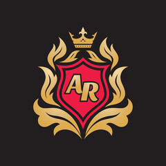 Monogram A & R initial letters - concept logo template design. Crest heraldic luxury emblem. Red shield, golden leaves and crown. Vector illustration. 
