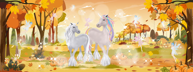 Fantasy cute cartoon of little fairies flying  with two unicorn in magic autumn forest, Vector landscape of Autumn wonderland.Fall season with beautiful panoramic view with Mid autumn natural © Anchalee