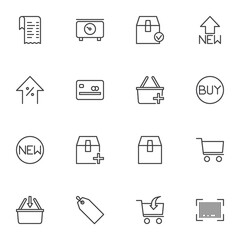 Shopping and e-commerce line icons set, outline vector symbol collection, linear style pictogram pack. Signs, logo illustration. Set includes icons as delivery box, shopping basket, credit card, buy