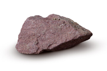 Red sandstone specimen on white background. Sandstone is a sedimentary rock formed from cemented sand-sized clasts.