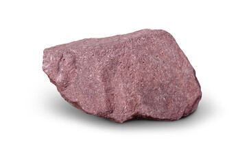 Red sandstone specimen on white background. Sandstone is a sedimentary rock formed from cemented sand-sized clasts.