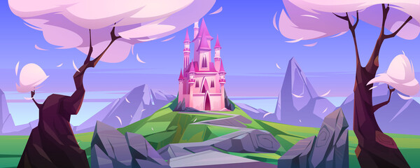 Estores personalizados com sua foto Magic pink castle on green hill. Vector cartoon landscape with mountains, trees and road to cute princess palace with towers. Fairytale illustration with mystery royal castle