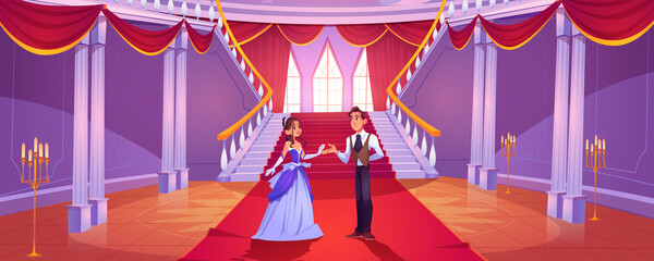 Prince and princess in royal castle hall. Vector cartoon background with couple in hallway in baroque palace with staircase, balustrade and columns. Romantic fairytale illustration © klyaksun