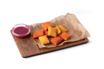 Cheese pads with sauce, on a white plate, for delivery, fast food