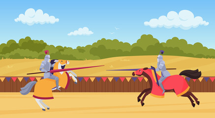 Medieval knights fight vector illustration. Cartoon flat horseman warrior brave characters in body armor and armored horses fighting, heroes jousting on knight tournament, fighter joust art background