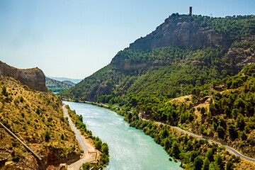 Fototapeta na wymiar A view of the Gaitanejo river as it exits the gorge near Ardales, Spain in the summertime
