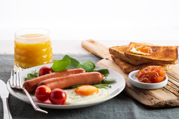 Table with food, breakfast or brunch concept. Copy space. Lifestyle concept. Horizontal, selective focus.