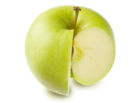 Fresh green ripe piece of apple with stem isolated on a white background. Design element for product label, catalog print, web use.