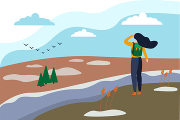 early spring. girl stands on the river bank. gentle vector illustration in flat style.