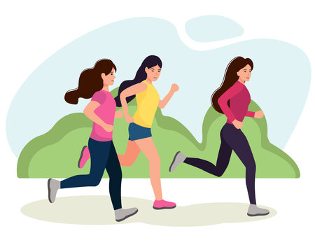 people jogging. girls run through the park. vector graphics in cartoon style