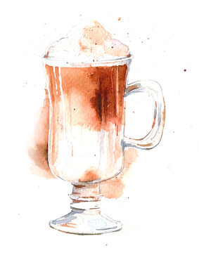 Watercolor drawing sketch of a glass with coffee on a white background