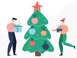 new Year 2021. two homosexuals are preparing for the new year. make padarkas. gentle vector illustration in flat style