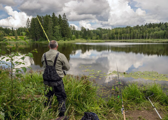 summer landscape by the lake, fisherman on the lake shore, lake grass in the foreground, traditional summer nature by the water