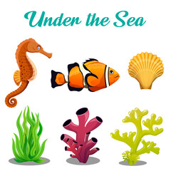 Vector illustration of Under water plants and animals.