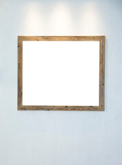 wooden frame on white wall background, mock up	