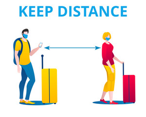 Passengers in medical masks with suitcases stand in line. Vector illustration on the theme of keeping the distance.