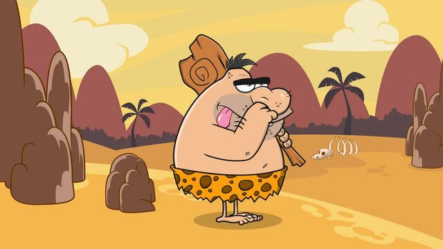 Caveman Cartoon Character With Club. 4K Animation Video Motion Graphics With Background