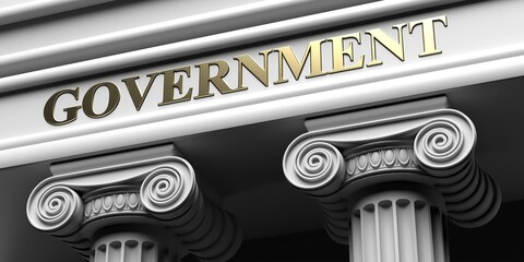 GOVERNMENT building logo concept. White ionic order pillars background. 3d illustration