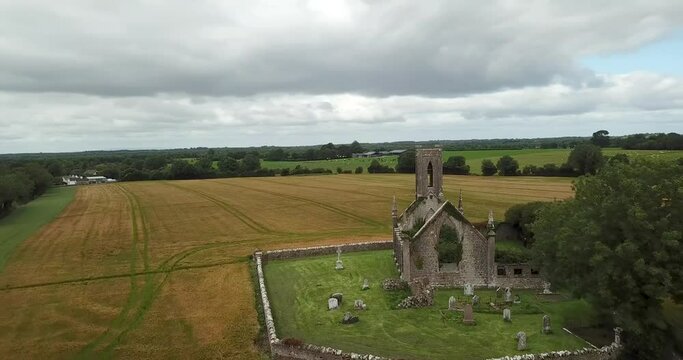Drone reveal shot of Ballynafagh church ruins in Co. Kildare, Ireland