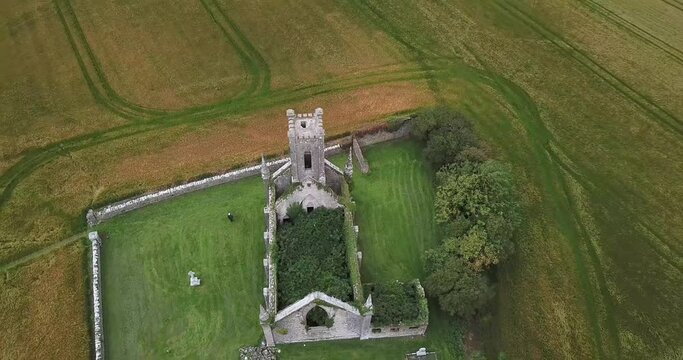 Point of interest drone shot of Ballynafagh church ruins in Co. Kildare, Ireland