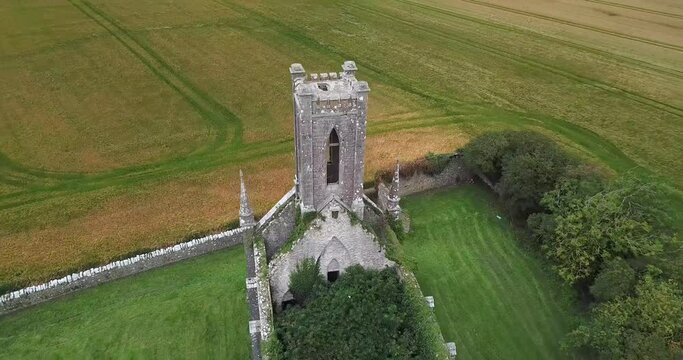 Point of interest aerial shot of Ballynafagh church ruins in Co. Kildare, Ireland