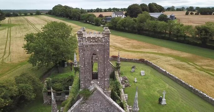 Point of interest drone close-up shot of Ballynafagh church ruins in Co. Kildare, Ireland